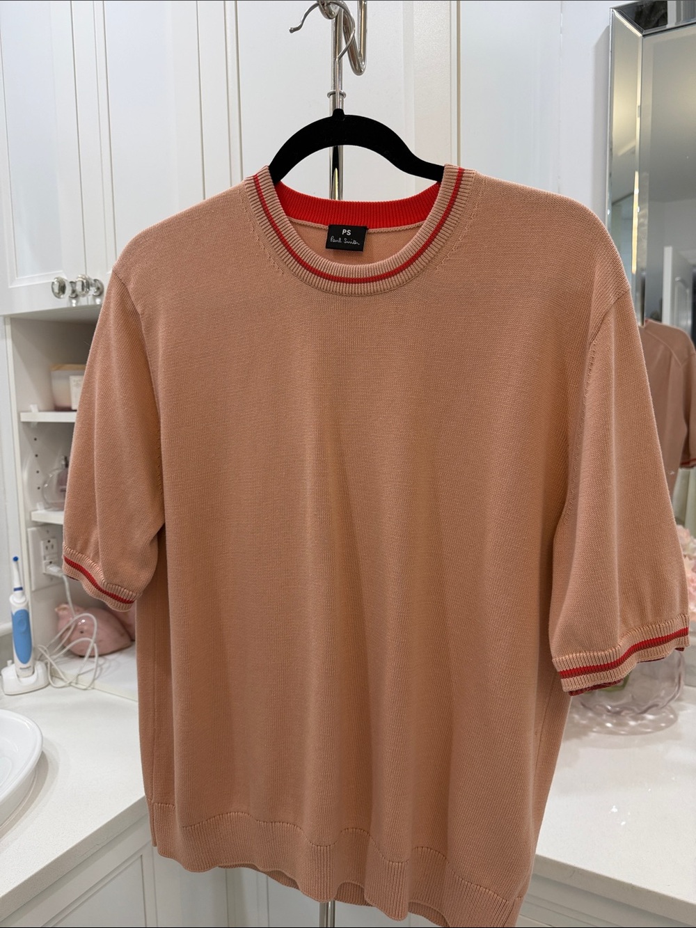 PS Paul Smith Peach Knit Tee with Red-Trim Collar